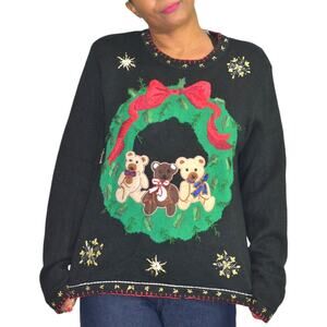 Ugly Christmas Sweater Vintage Teddy Bear Wreath Embroidery Knit Holiday Size XL